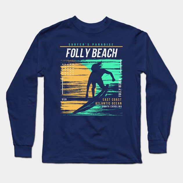 Retro Surfing Folly Beach, South Carolina // Vintage Surfer Beach // Surfer's Paradise Long Sleeve T-Shirt by Now Boarding